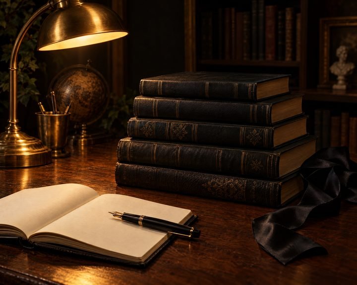 Bücherstapel mit Füller und Messinglampe als Symbol für Wissen, KI-generiert
