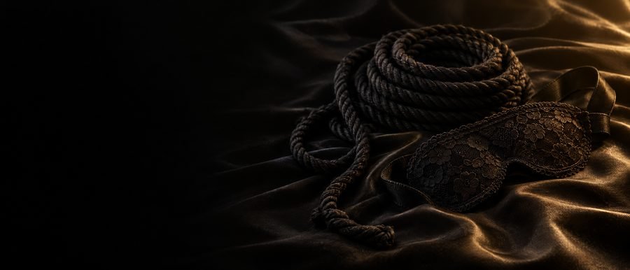 Schwarzes Seil und Spitzen-Augenbinde auf dunkler Seide, KI-generiert