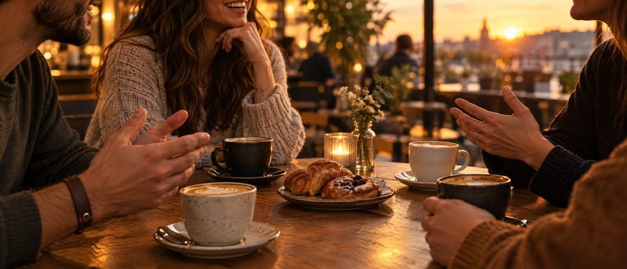 Café-Tisch mit Kaffee und Gebäck, Hände im Gespräch, KI-generiert